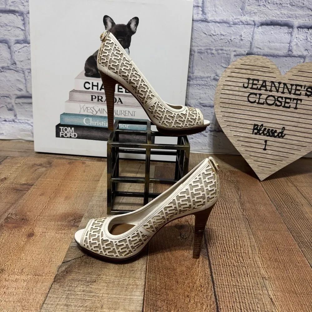 TORY BURCH Regan Leather/ Linen Peep-Toe Cut-out High Heel Pumps 8.5M